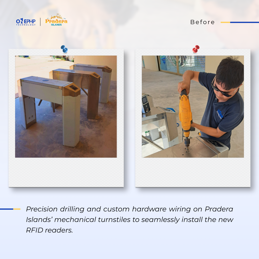 Behind the scenes of the rfid turnstile installation at Pradera Islands by OnePHP Technology.