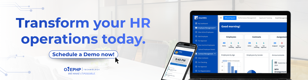 HR professional reviewing employee and payroll data on an HRIS dashboard in a Philippine office